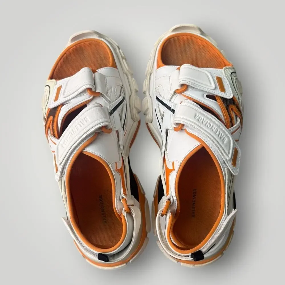 Balenciaga Men's Sport Sandals White/Orange Leather Hook & Loop Logo Sz 8